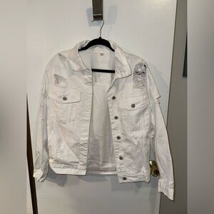 Women’s White Distressed Denim Jean Jacket Coat Size Small